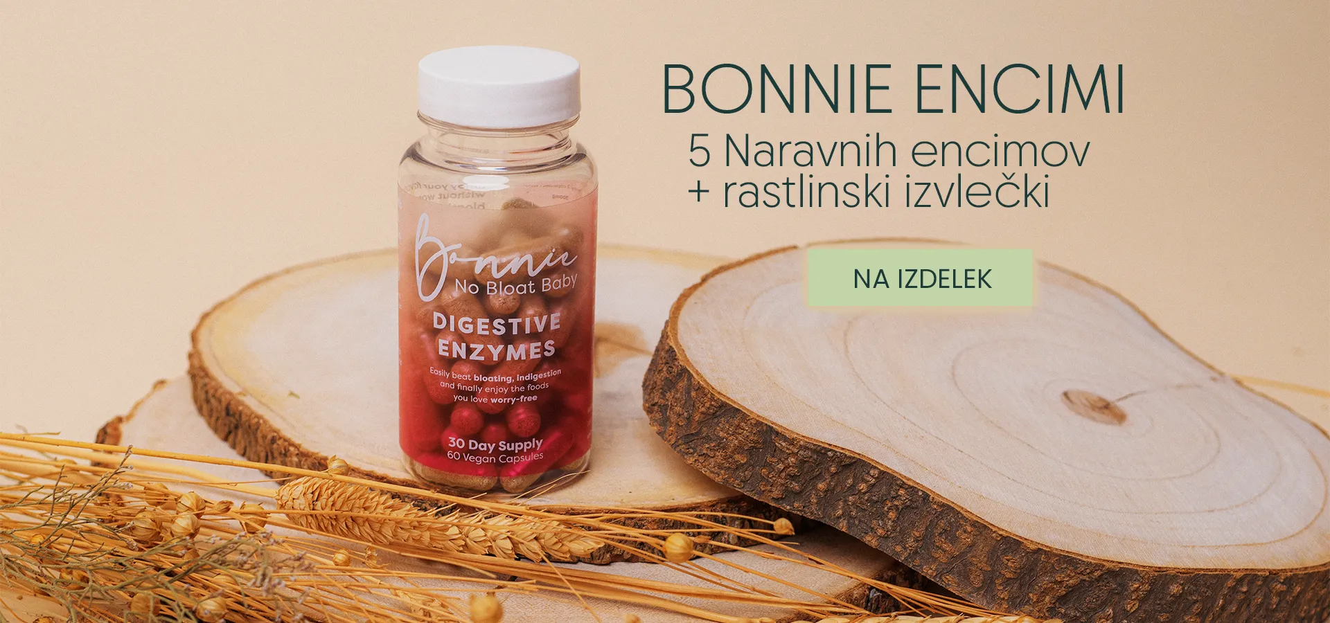 Bonnie Enzymes na leseni ploskvi, spodaj rezano cvetje in napis: Bonnie Encimi, 5 naravnih encimov + rastlinski izvlečki